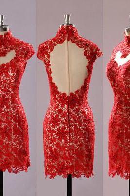Pretty Red Tight Homecoming Dress,lace Prom Dress,see Through Party Dress,open Back Prom Dress,short Evening Dress