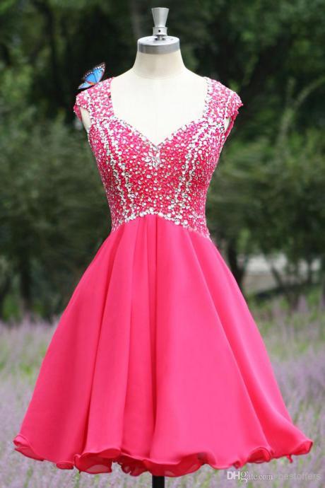 2016 Pretty Rosy Homecoming Dress,chiffon Homecoming Dresses,short Beading Prom Dress,sexy Open Back Evening Dress