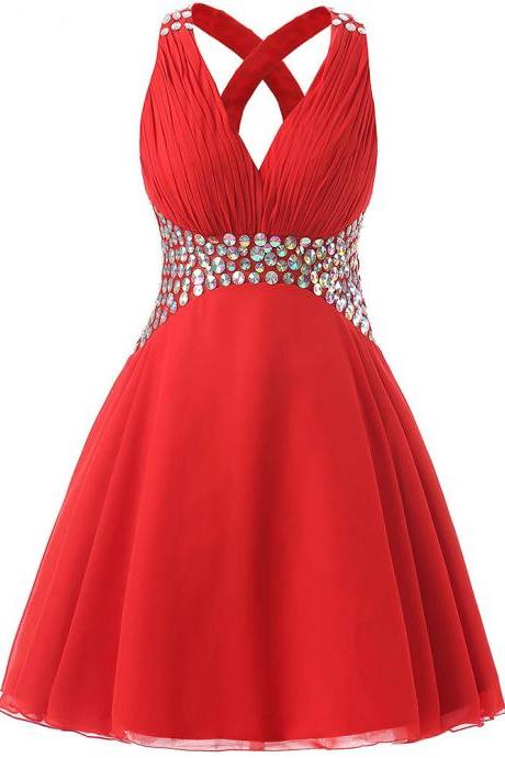 Pretty Red Homecoming Dresses, Short Beaded Prom Dresses For Graduation ,sexy Backless Cocktail Gown