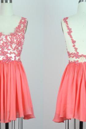 Sexy Backless Chiffon Homecoming Dresses, Appliques Mini Party Dresses,beading Evening Dresses,2016 Custom Pink Prom Dresses