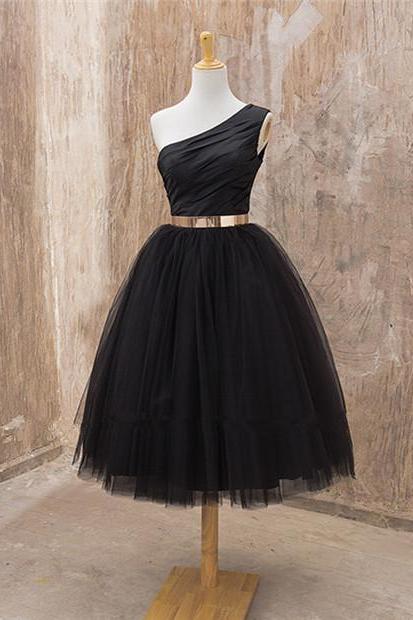 One Shoulder Homecoming Dress,Simple Black Prom Dresses,Tulle Party Dress,Open Back Homecoming Dress,Gold Waistband Prom Dress