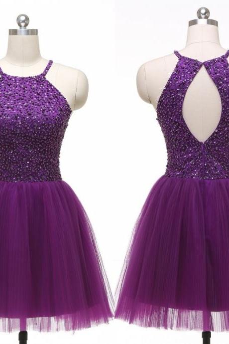 2016 Custom Beautiful Beading Homecoming Dresses, Short Purple Party Dress, Sleeveless Backless Formal Gowns,halter Graduation Dresses