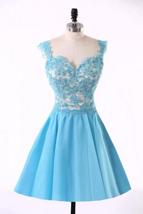 Sky Blue Lace Homecoming Dress, Satin Short Mini Prom Dress, A-line Backless Homecoming Dresses