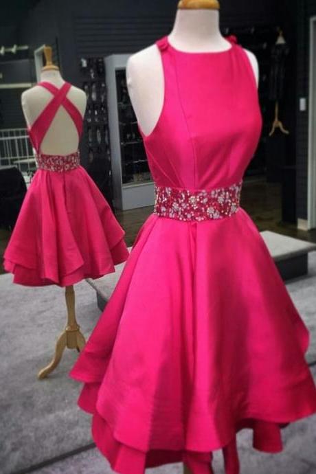 Rosy Satin Homecoming Dress ,spaghetti Strap Backless Graduation Dresses, Sleeveless Prom Gowns, Sparkle Beading Party Dress
