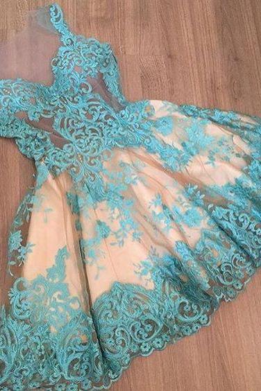 Sexy See through homecoming dress,blue lace prom dress,sleeveless homecoming dress
