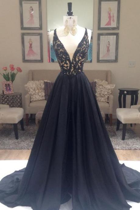 Pretty Black Chiffon Lace Long Prom Dress 2016 For Teens, Unique Cute Long Backless Evening Dress,black Evening Dresses, Black Party Dresses