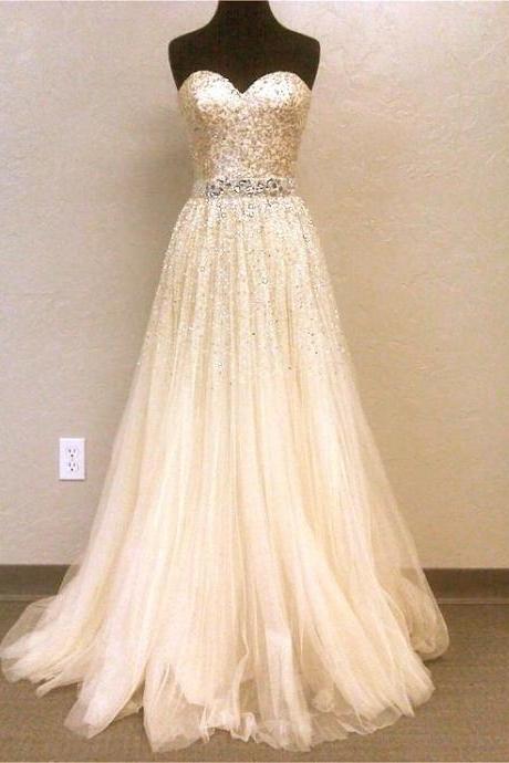  Sparkling Beaded Prom Dress,Sexy Strapless Evening dress, Tulle Long Prom Dress,Sexy Sweetheart Prom Dress