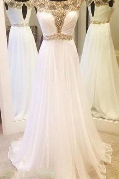 Charming Prom Dress,white Prom Dress,chiffon Prom Dress,beading Sleeveless Evening Dress,floor Length Prom Dress
