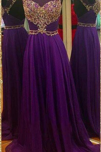 2016 Long Purple Prom Dresses, Beaded Backless Prom Dress, Purple Chiffon Prom Dress