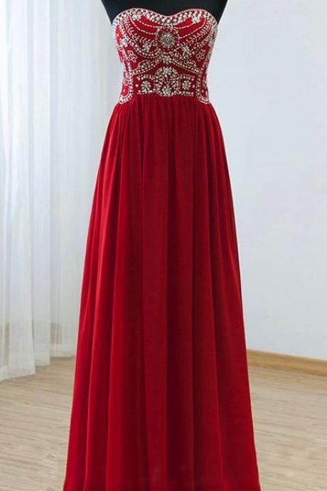 Red Chiffon Prom Dress,beaded Strapless Evening Dress, Floor Length Prom Dress