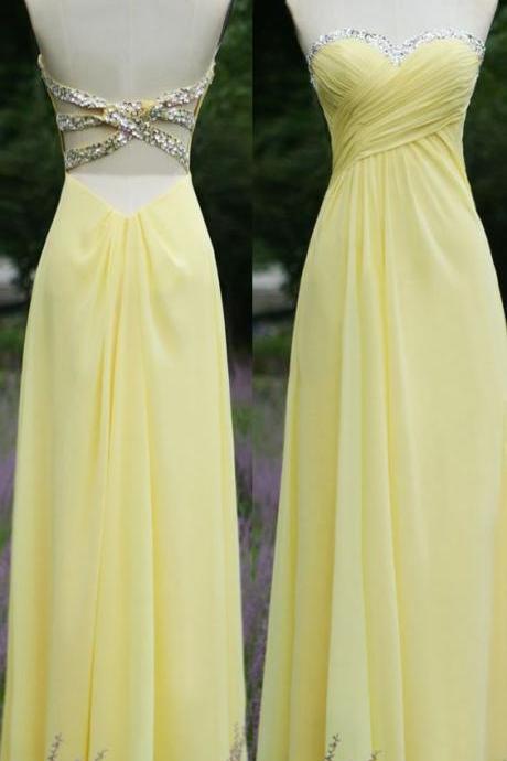 Hot Sale Sweetheart Sequined Ruched Prom Dresses Backless Chiffon A-Line Full Length Prom Gown, open back evening dress, backless prom dress, Full Length Prom dress, beading graduation dress, beaded cocktail dress, yellow party dress