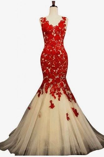 Champagne And Red Mermaid Lace Prom Dresses For Evening Formal Gowns Long