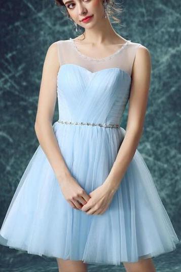 Cute Short Light Blue Scoop Perspective Straps Knee-length Tulle homecoming dress Bridesmaid Dress