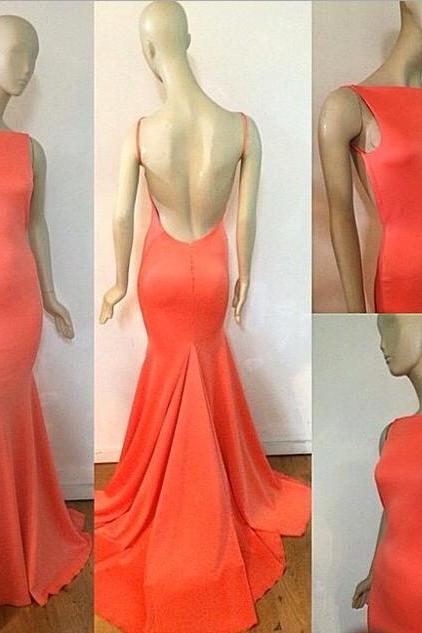 Charming Blush Orange Prom Dress,Sexy Spaghetti Straps Evening Dress,Sexy Backless Prom Dress With Long Train