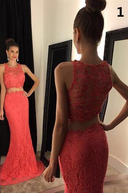 2016 Custom Two Pieces Hot Pink Lace Prom Dress, Sexy Sleeveless Beading Evening Dress, Sexy See Through Open Back Prom Gown 