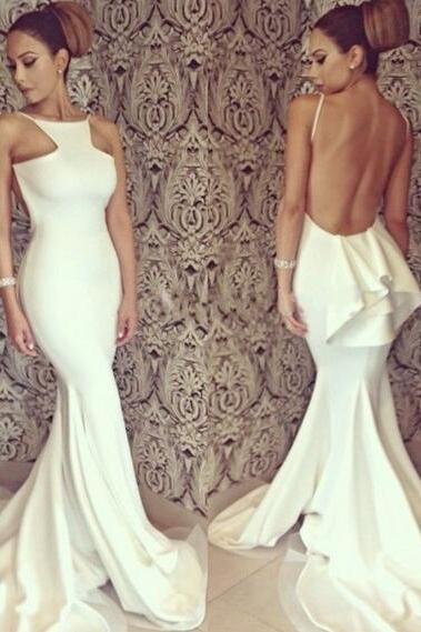 2016 Custom White Chiffon Prom Dress, Sexy Sleeveless Evening Dress ,Sexy Open Back Prom Dress