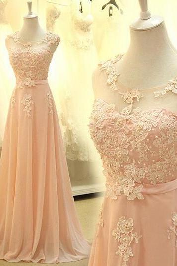 2016 Custom Blush Pink Chiffon Prom Dress, Sexy Sleeveless Evening Dress ,Sexy See Through Open Back Applique Prom Dress