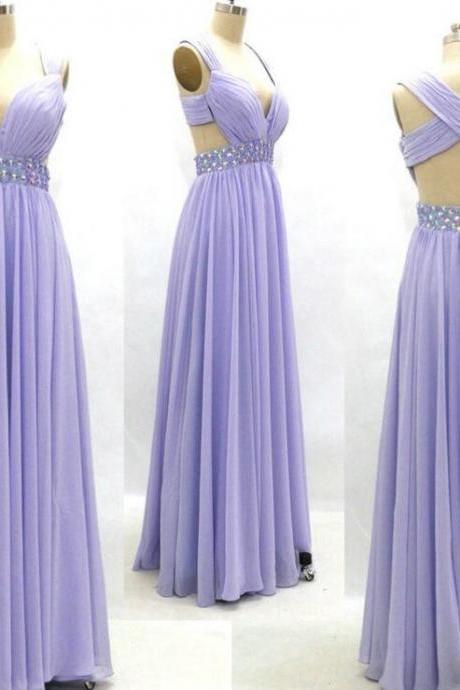 Charming Purple Chiffon Prom Dress,sexy V-neck Beading Evening Dress,sexy Open Back Prom Dress