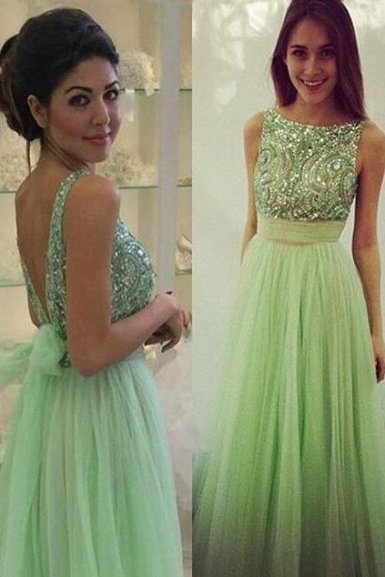 Charming Emerald Tulle Beading Prom Dress,Sexy Sleeveless Evening Dress,Sexy Backless Prom Dress 