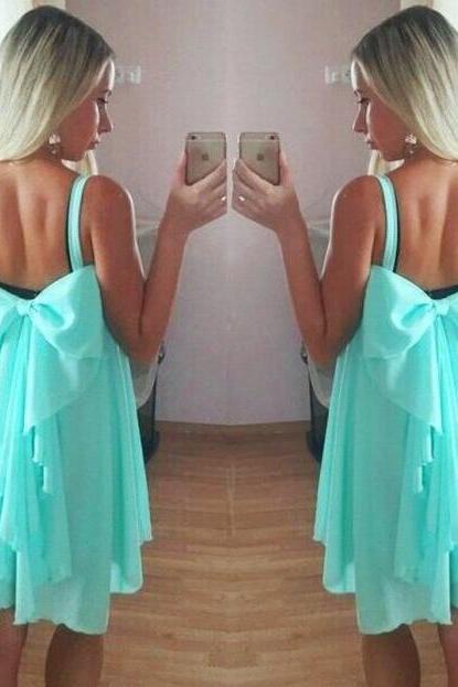 Mint Green Shoulder Straps Short A-Line Dress Featuring Bow Accent Back 