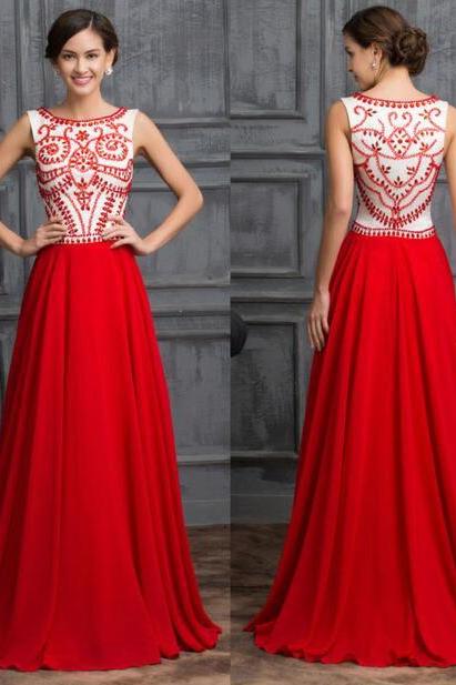 Charming Red Chiffon Beading Prom Dress,Sexy Sleeveless Evening Dress 