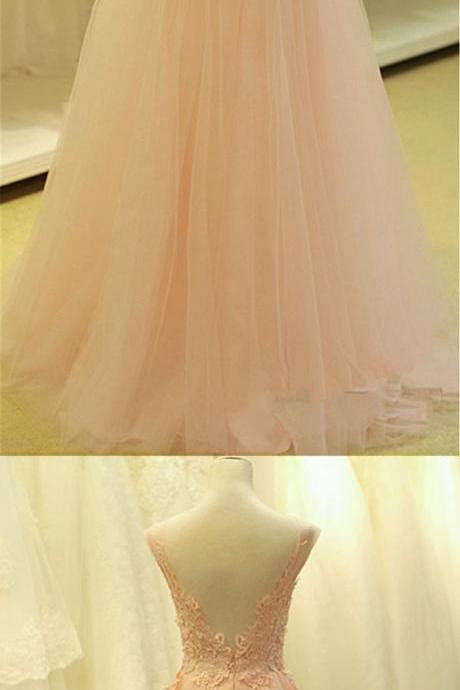 2016 Custom Charming Blush Pink Tulle Chiffon Prom Dress,see Through Sleeveless Evening Dress,lace Applique Sexy Backless Prom Dress