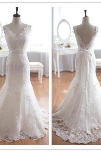 Wedding Dress, Wedding Dresses, New Arrival Wedding Dress, V-Neck Wedding Dress, Mermaid Wedding Dress, Lace Bridal Gown, Bowknot Wedding Dress, Open Back Wedding Dress, Sweep Train Wedding Dress, Hot Sale Wedding Dress, High Quality Wedding Dress,Custom Made Wedding Dress