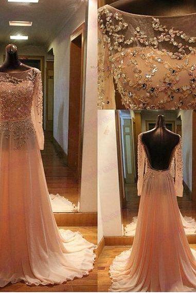 Prom Dress, A-line Prom Dress, Crystal Evening Dress, Long Sleeve Evening Dress, Chiffon Evening Dress, Evening Dress With Beadings, Latest