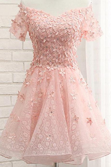 Pink Lace Homecoming Dresses, Off Shoulder Homecoming Dresses, Appliques Homecoming Dresses, Homecoming Dresses, Organza Homecoming Dresses,