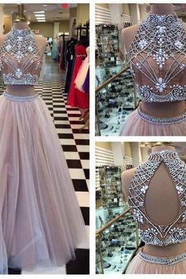 Long Prom Dress,two Piece High Neck Prom Dress,rhinestone Prom Dress,open Back Prom Dress,tulle Prom Dress,sleeveless Prom Dress