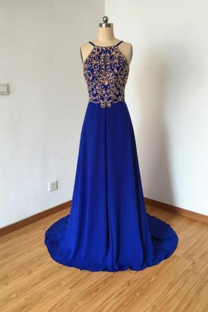 2016 Custom Charming Royal Blue Beading Prom Dress,Sexy Spaghetti Straps Evening Dress,Sexy Backless Prom Dress