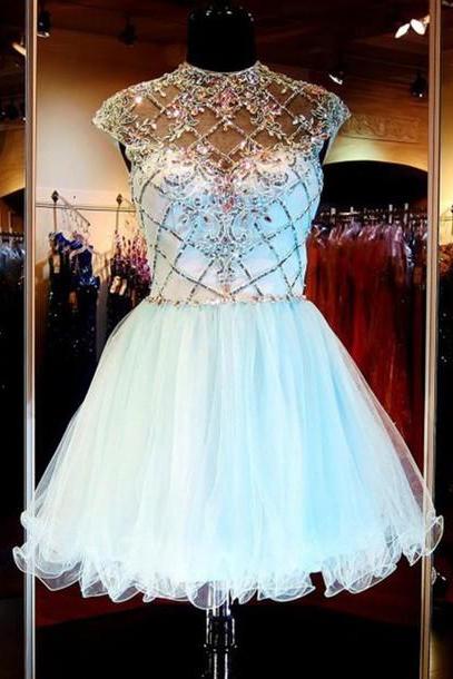 2016 Custom Charming Beading Tulle Homecoming Dress,sexy Short Sleeves Evening Dress,sexy See Through Homecoming Dress