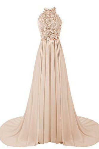 2016 Custom Charming Chiffon Prom Dress,sexy Halter Sleeveless Evening Dress,sexy Lace Beading Prom Dress