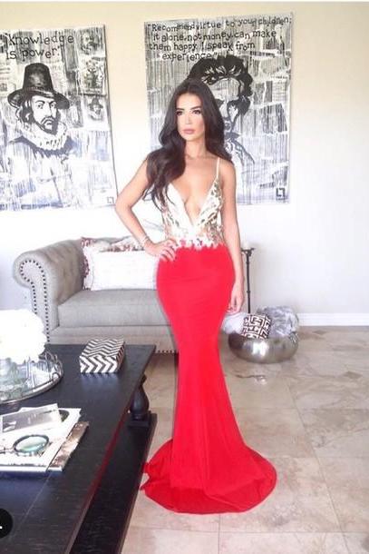  2016 Custom Charming Red Beading Mermaid Prom Dress,Sexy Spaghetti Straps Evening Dress,Sexy Deep V-Neck Prom Dress 