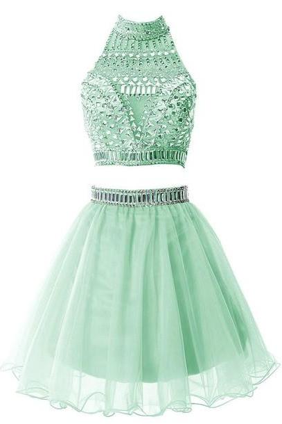 2016 Custom Charming Green Beading Short Homecoming Dress,sexy Halter Evening Dress,sexy Backless Chiffon Prom Dress