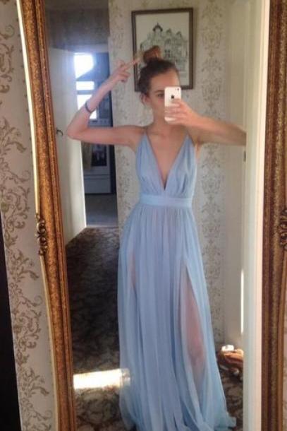  2016 Custom Charming Light Blue Chiffon Prom Dress,Sexy Deep V-Neck Evening Dress,Sexy Backless Long Prom Dress 