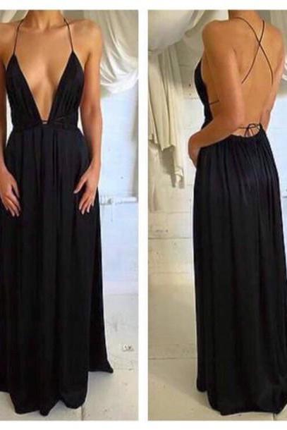  2016 Custom Charming Simple Black Prom Dress,Sexy Deep V-Neck Evening Dress,Sexy Backless Long Prom Dress 