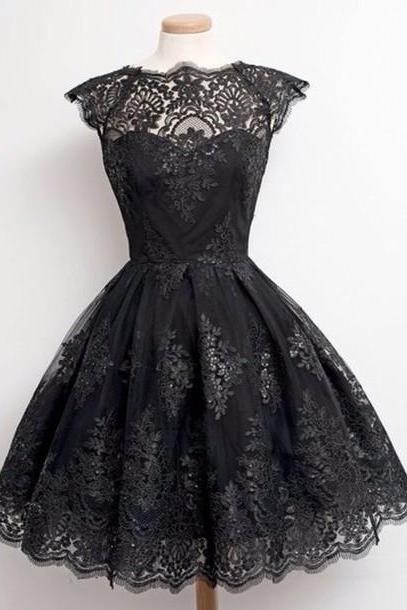 2016 Custom Elegant Black Lace Beading Homecoming Dress,sexy Short Sleeves Evening Dress,sexy See Through Long Prom Dress