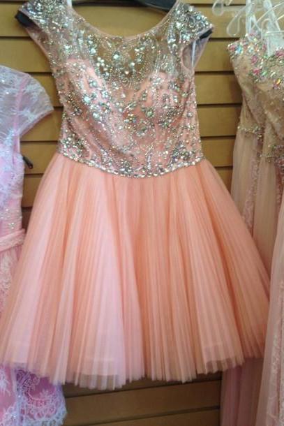 2016 Custom Elegant Pink Beading Tulle Homecoming Dress,sexy Short Sleeves Evening Dress,sexy See Through Short Prom Dress