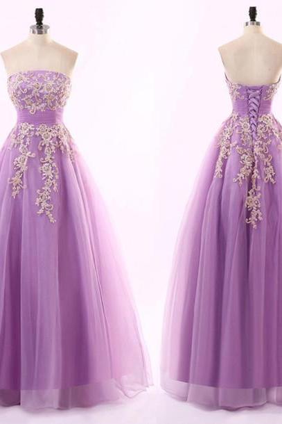 2016 Custom Charming Purple Applique Beading Prom Dress,sexy Sleeveless Evening Dress,sexy Backless Lace Up Prom Dress