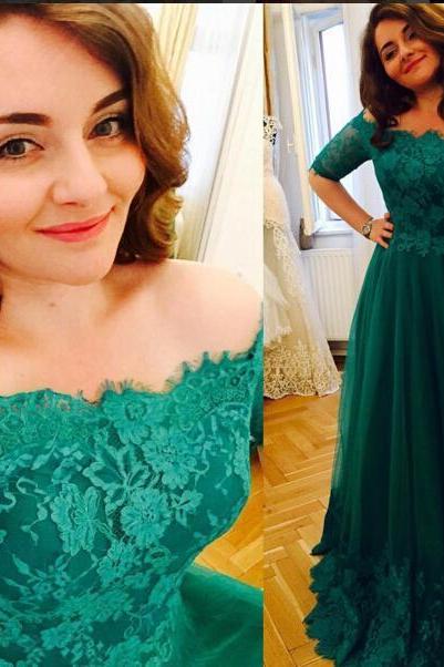Princess Green 2016 Lace Prom Dresses Short Sleeve A Line Tulle Prom Gowns Vintage Plus Size Evening Formal Dress