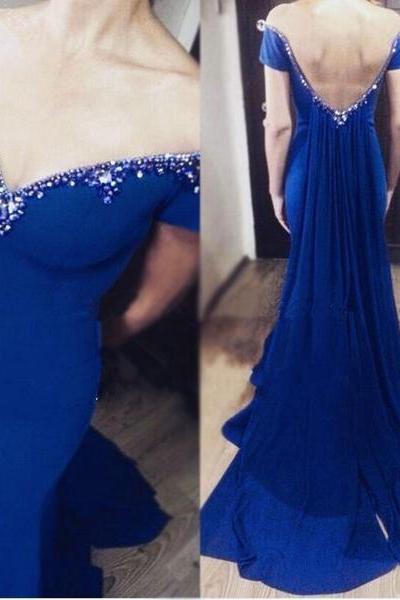 New Design Backless Evening Gown,Royal Blue Chiffon Prom Dress,Long Train Evening Dress,Women Formal Dress