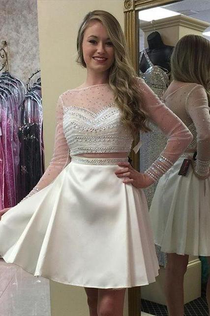 Prom Dresses 2016 Long Sleeve Two Pieces Mini 8th Grade Graduation Dresses Delicate Beading Sheer Homecoming Dresses