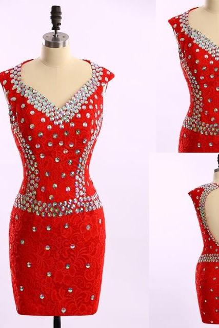 New Arrival Elegant Beaded Rhinestone Red Short Prom Dresses Homecoming Dress Short Party Gowns Dresses
