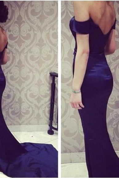 Sexy Dark Blue Mermaid Prom Dresses Off The Shoulder With Zip Back Party Floor Length Evening Gowns