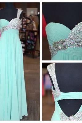 One Shoulder Prom Dress,Blue Chiffon Prom Dress,Evening Formal Gown,Beading Formal Dress