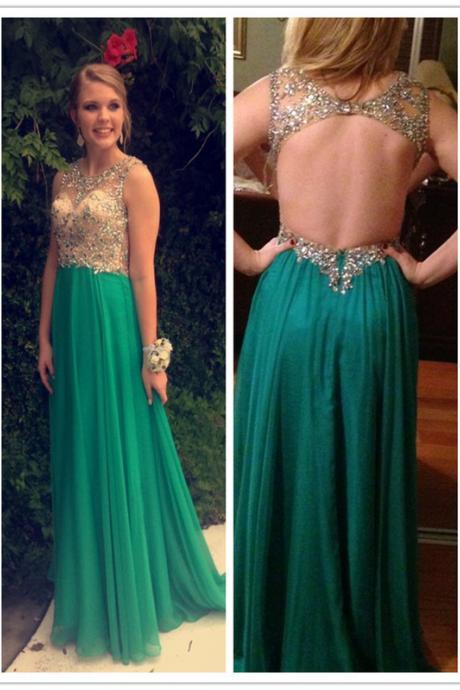 Crytals Beaded Long Chiffon Prom Dress O Neck Floor Length Sexy Backless Green Summer Prom Dress