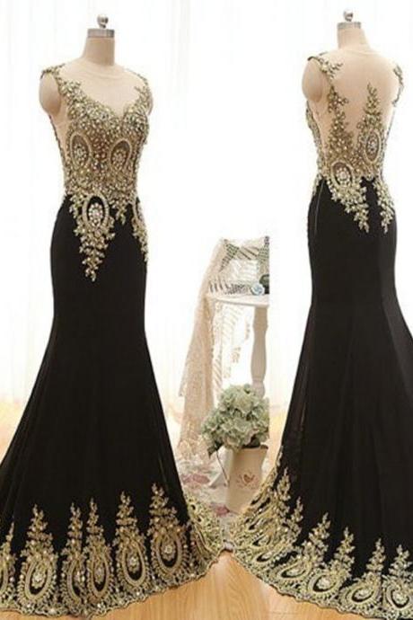 Gold Beaded Scoop Sleeveless Evening Dress Long Party Dresses,luxury Mermaid Black Prom Dresses