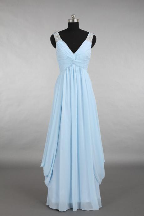 Charming Prom Dress,long Chiffon Prom Dress,light Blue Prom Dress,v Neck Evening Party Dress