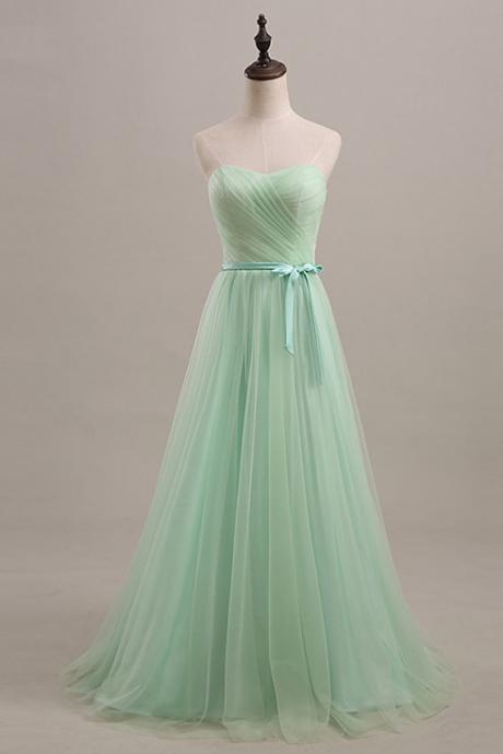 Simple Strapless Sweetheart Long Tulle Prom Gown With Bow Accent